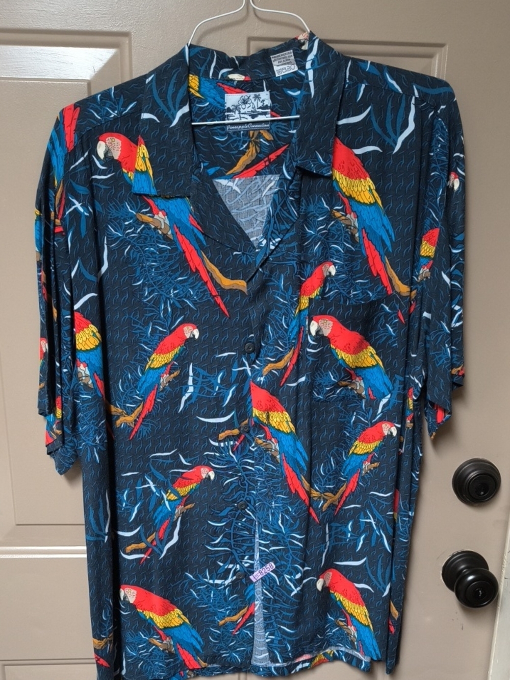 Tropical Parrot Print Short Sleeve Button Up Men's Shirt Navy XL Stylish